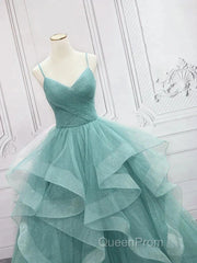 Sparkling Quinceanera Dresses V Neck Tulle Long Evening Prom Dresses Green Sweet Dresses Floor Length