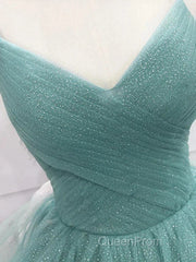 Sparkling Quinceanera Dresses V Neck Tulle Long Evening Prom Dresses Green Sweet Dresses Floor Length