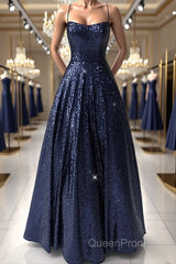Sparkly Backless Navy Blue Long Evening Prom Dresses, Open Back Long Navy Blue Formal Evening Dresses