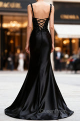 Sparkly Black Floral Spaghetti Straps Mermaid Long Evening Prom Dresses with Slit