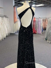 Sparkly Black One Shoulder Side Slit Evening Prom Dresses,