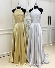 Sparkly Crystal Beaded Halter Long Satin Open Back Evening Prom Dresses