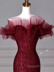 Sparkly Mermaid Burgundy Sequin Long Evening Prom Dresses Party Dresses