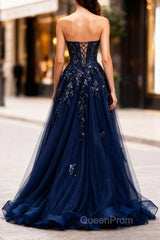 Sparkly Navy Blue Corset Sweetheart Long Evening Prom Dresses with Appliques