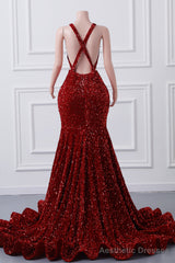 Sparkly Red Sequin Mermaid Prom Dresses Luxury Silver Crystal Beaded Sheer Neck Long Formal Party Evening Gowns for Black Girls