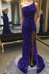 Sparkly Royal Blue Sequins One Shoulder Long Evening Prom