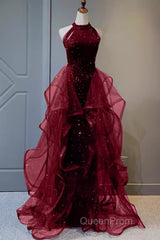 Sparkly Sheath Burgundy Sequin Long Evening Prom Dresses Party Dresses