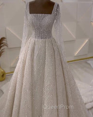 Sparkly Square Neck Long Sleeve Wedding Dresses