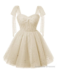 Sparkly Starry Light Champagne Tulle Short Homecoming Dresses Spaghetti Bow Straps Prom Dress Sequin Cocktail Party Dress for Teens