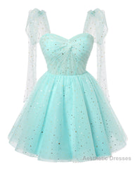 Sparkly Starry Mint Green Tulle Short Homecoming Dresses Spaghetti Bow Straps Prom Dress Sequin Cocktail Party Dress for Teens