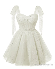 Sparkly Starry White Tulle Short Homecoming Dresses Spaghetti Bow Straps Prom Dress Sequin Cocktail Party Dress for Teens