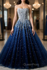 Sparkly Strapless Blue Evening Prom Dresses, Strapless Blue Long Formal Evening Dresses