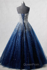 Sparkly Strapless Blue Evening Prom Dresses, Strapless Blue Long Formal Evening Dresses