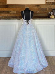 Sparkly V Neck Backless Prom Dresses, Open Back Shiny Formal Graduation Dresses