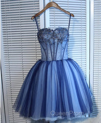 Charming Blue Lace Tule A Lin Short Evening Prom Dresses, Homecoming Dresses