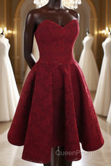 Strapless Backless Burgundy Lace Short Evening Prom Dresses, Short Burgundy Lace Homecoming Dresses