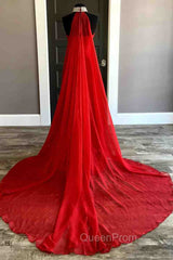 Strapless Beaded Side Slit Red Long Evening Prom Dresses With Cape
