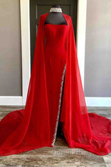 Strapless Beaded Side Slit Red Long Evening Prom Dresses With Cape