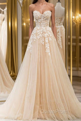 Strapless Champagne Lace Tulle Long Evening Prom Dresses, Champagne Lace Formal Evening Dresses