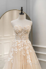 Strapless Champagne Lace Tulle Long Evening Prom Dresses, Champagne Lace Formal Evening Dresses