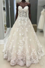 Strapless Champagne Lace Wedding Dresses Evening Prom Dresses, Formal Gown