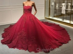 Strapless Dark Red Ball Gown Lace Appliques Pearls Crystals Sequins Beaded Wedding Dresses Evening Prom Dresses