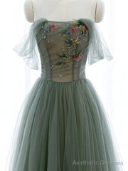 Strapless Green Tulle Floral Long Prom Dresses, Green Tulle Floral Formal Evening Dresses