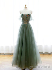 Strapless Green Tulle Floral Long Prom Dresses, Green Tulle Floral Formal Evening Dresses