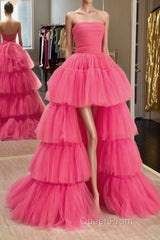 Strapless Hot Pink High Low Evening Prom Dresses, Hot Pink High Low Formal Homecoming Dresses