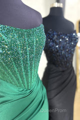Strapless Mermaid Beaded Long Evening Prom Dresses With Slit