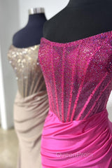 Strapless Mermaid Beaded Long Evening Prom Dresses With Slit