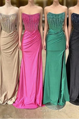 Strapless Mermaid Beaded Long Evening Prom Dresses With Slit