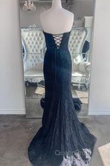 Strapless Mermaid Dark Blue Lace Long Evening Prom Dresses, Mermaid Dark Blue Lace Formal Dresses, Dark Blue Lace Evening Dresses