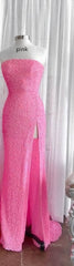 Strapless Pink Sequins Evening Prom Dresses with Slit,Sparkly White Night Dresses Party Event