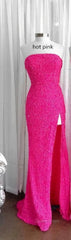 Strapless Pink Sequins Evening Prom Dresses with Slit,Sparkly White Night Dresses Party Event