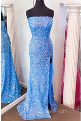 Strapless Pink Sequins Evening Prom Dresses with Slit,Sparkly White Night Dresses Party Event