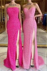 Strapless Pink Sequins Evening Prom Dresses with Slit,Sparkly White Night Dresses Party Event