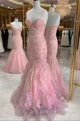 Strapless Pink Tulle Lace Long Mermaid Evening Prom Dresses Evening Dresses