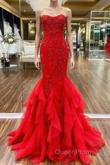 Strapless Red Mermaid Lace Evening Prom Dresses, Red Mermaid Lace Formal Evening Dresses