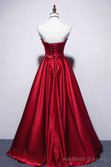 Strapless Red Satin Long Prom Dresses, Dark Red Long Formal Evening Dresses