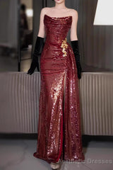 Strapless Sequin Ruched Trained Slit Mermaid Evening Gown