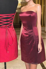 Strapless Sheath Lace-Up Burgundy Homecoming Dresses