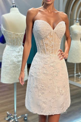 Strapless Short White Lace Evening Prom Dresses, Short White Lace Formal Homecoming Dresses