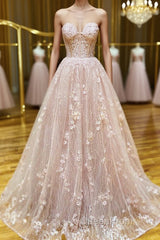 Strapless Sweetheart Neck Pink Lace Long Evening Prom Dresses, Pink Lace Formal Graduation Evening Dresses