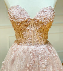 Strapless Sweetheart Neck Pink Lace Long Evening Prom Dresses, Pink Lace Formal Graduation Evening Dresses