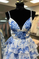 Straps Blue Floral Print High Slit Ruffled Evening Prom Dresses