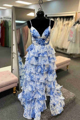 Straps Blue Floral Print High Slit Ruffled Evening Prom Dresses
