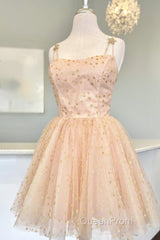 Straps Champagne A-Line Tulle Homecoming Dresses with Gold Stars