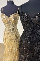 Straps Gold Sequin Mermaid Long Party Dresses