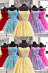 Straps Lace Applique Blue Homecoming Dresses,Fuchsia Cocktail Dresses